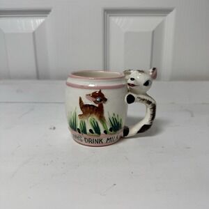 Vintage 1950s Always Drink Milk Child's Mug Cup Pink Deer Bambi Hand Painted